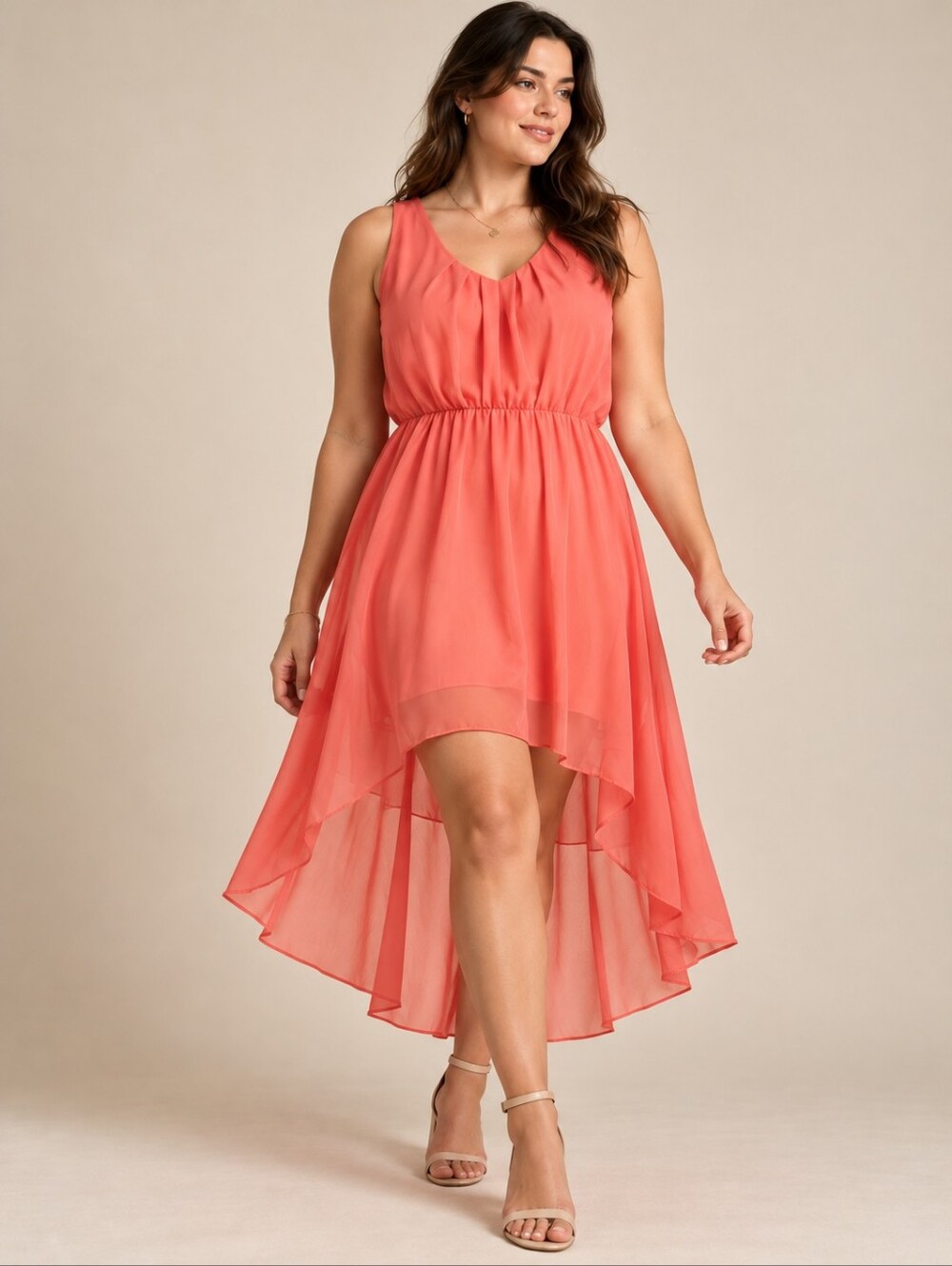 Suzy Shier High Low Dress Size XL Coral Sleeveless flowy barbiedoll
